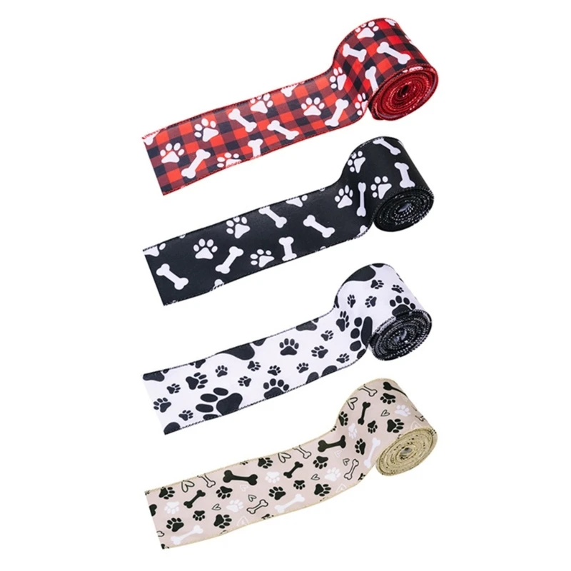 

4 Roll Polyester Ribbon 5Yard/Roll Dog Paw Ribbon for Gift Package Wreath Bows Crafting Party Decorations