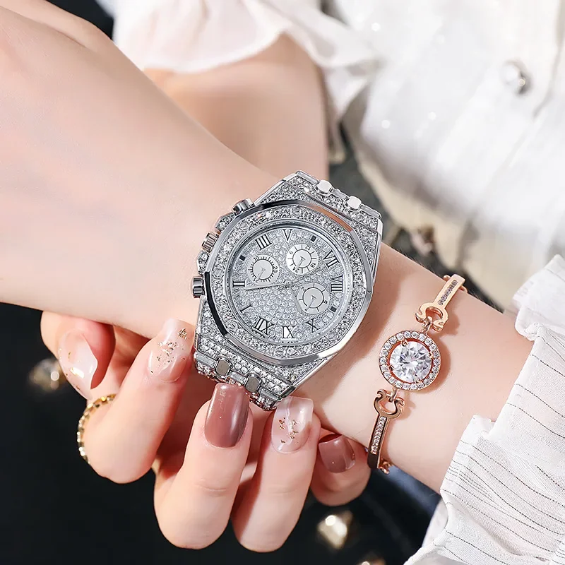 Stainless Steel Strap Watch Stylish Women's Rhinestone Inlaid Stainless Steel Quartz Watch Colorful Dial Decorative for Ladies