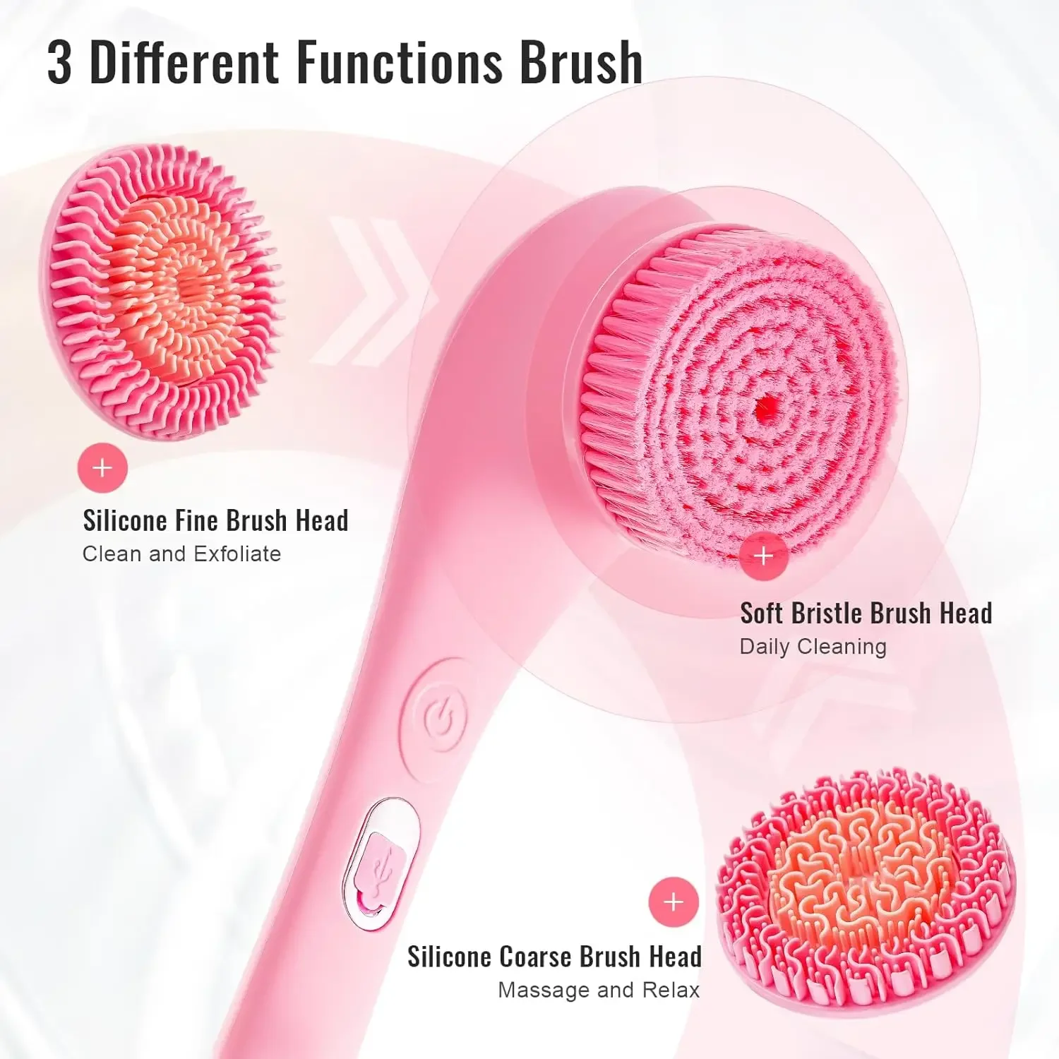 Electric Shower Brush Set for Whole Body Cleaning Back Scrubber 3 Cleaning Heads 2 Speeds Bathing Brush Massage Exfoliator