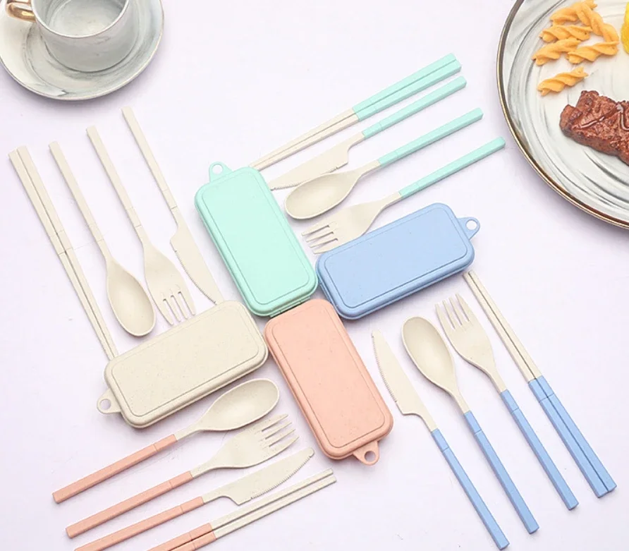 Wheat Straw Dinnerware Set Portable Tableware Knife Fork Spoon Chopsticks Set Travel Cutlery Eco-Friendly Utensil Box 4Pcs cutlery set,western style cutlery set,picnic cutlery set,picnic tableware,camping cutlery set