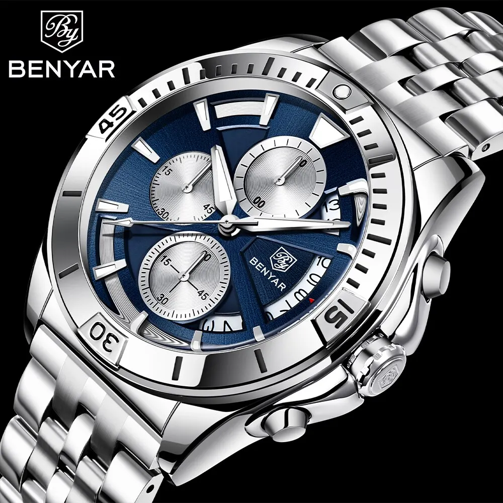 

BENYAR 5180 спортивные кварцевые часы из нержавеющей стали, модные брендовые повседневные мужские часы-хронограф для мужчин с коробкой
