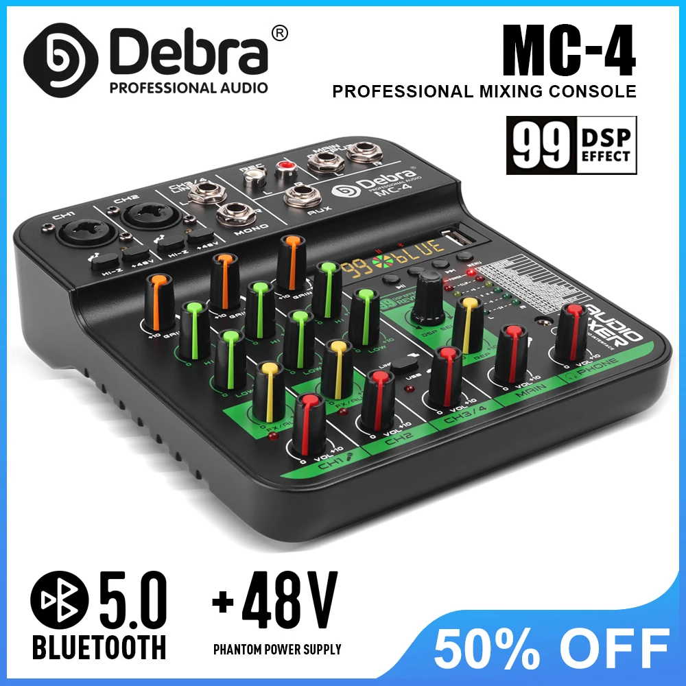Debra MC4 믹싱 콘솔, 99개의 DSP 리버브 효과, 블루투스 5.0, 48V 팬텀 파워, DJ 믹싱 및 결혼식에 이상적