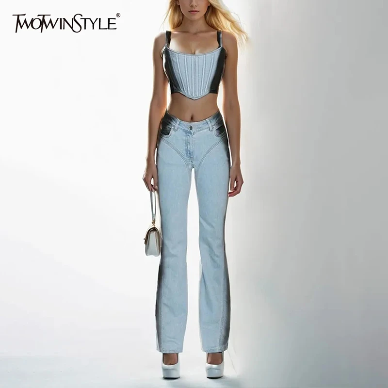 

Женский джинсовый костюм TWOTWINSTYLE, повседневный облегающий костюм из двух предметов, жилет без рукавов с квадратным воротником и джинсы с высокой талией, 2019