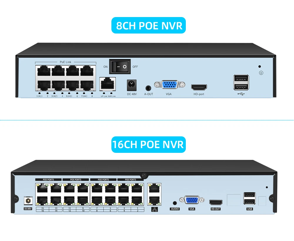 16CH 4k 8MP POE NVR Video Recorder Onvif H.265 48V Audio Out PTZ IP Camera AI Face Detection CCTV System RTSP P2P Network Xmeye network video recorder