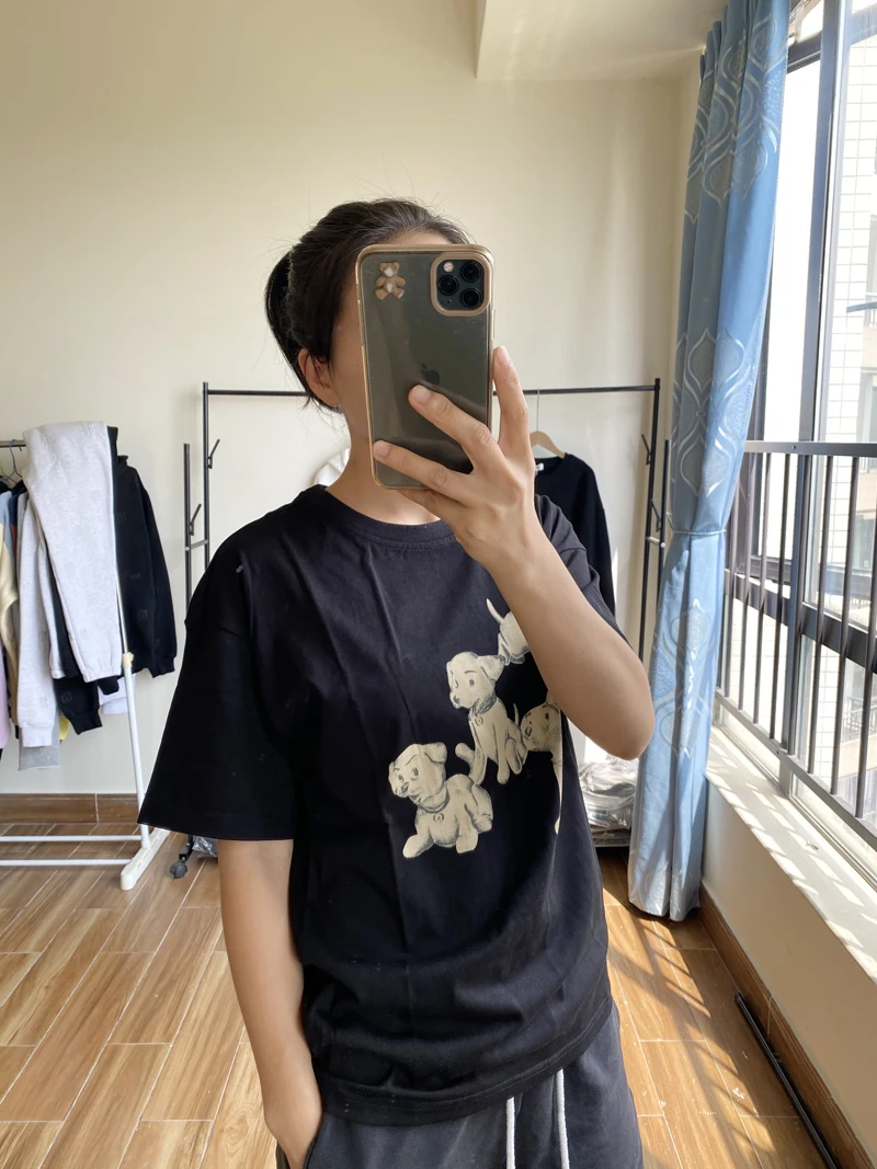 

Специальная распродажа, женский топ в уличном стиле с принтом 4 щенка, свободная повседневная универсальная хлопковая черная женская футболка с коротким рукавом и круглым вырезом