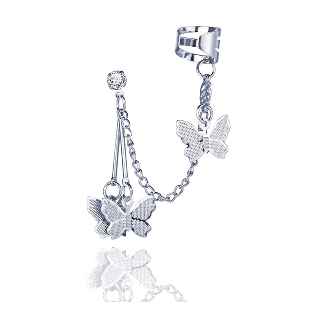 Fashion Geometric Butterfly Clip Earring for Teens Women Ear Cuffs Cool Jewelry Retro Chain Long Hanging Earings Metal Gift