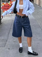 Casual Comfort Wide Leg Denim Shorts Women's Solid Minimalist Pleated Slant Pocket Bermuda Knee Length Jorts Summer Mom Shorts - Image 2