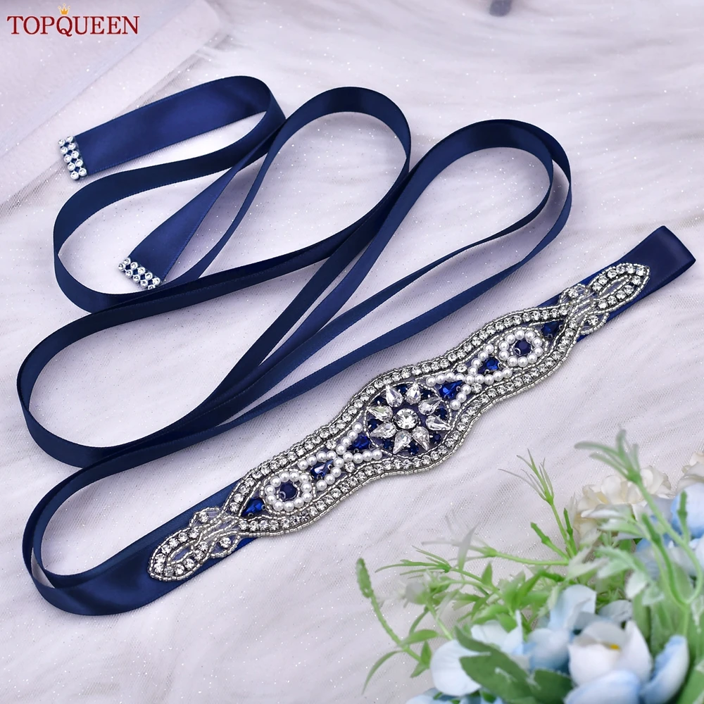 TOPQUEEN Wedding Sash Belt Rhinestone Applique Bridesmaid Belt Navy Blue Dress Waist Ornament S18-ML