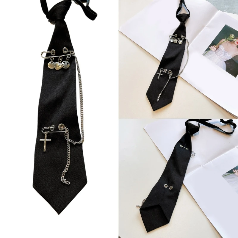 

Gothic Punk Vintage Black Ties Student Uniform Metal Chain Tassel Pin Necktie