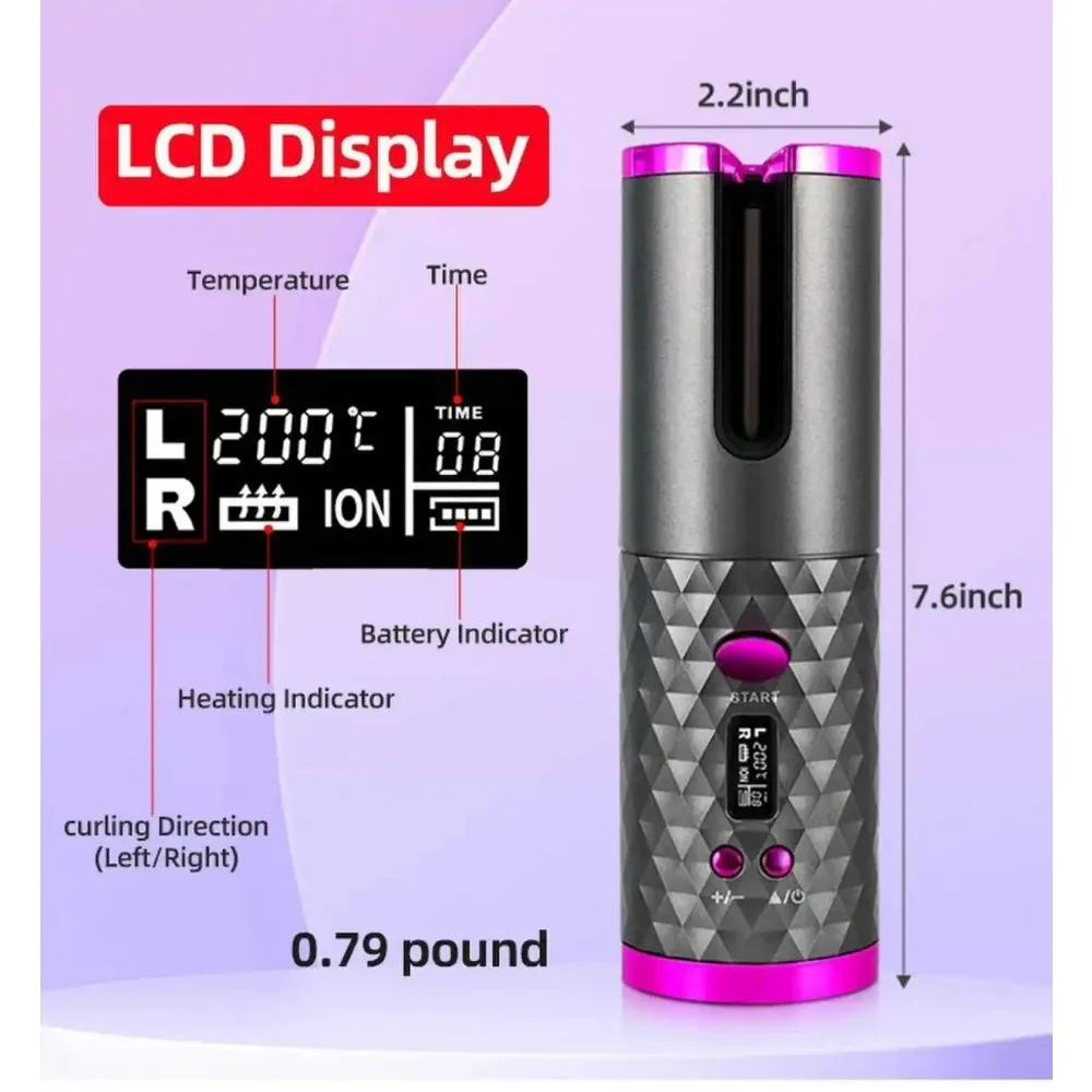 USB Rechargeable Cordless Hair Curler Auto Rotating Temp Time Adjustable Wireless Curling Iron Fast Heat Effortless Styling Hair