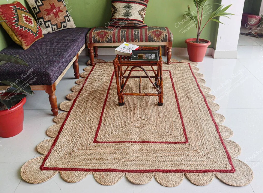 

Natural Hand Braided Jute Rug Beige & Red Scalloped Jute Runner Decorative Rugs Carpet Living Room Decoration