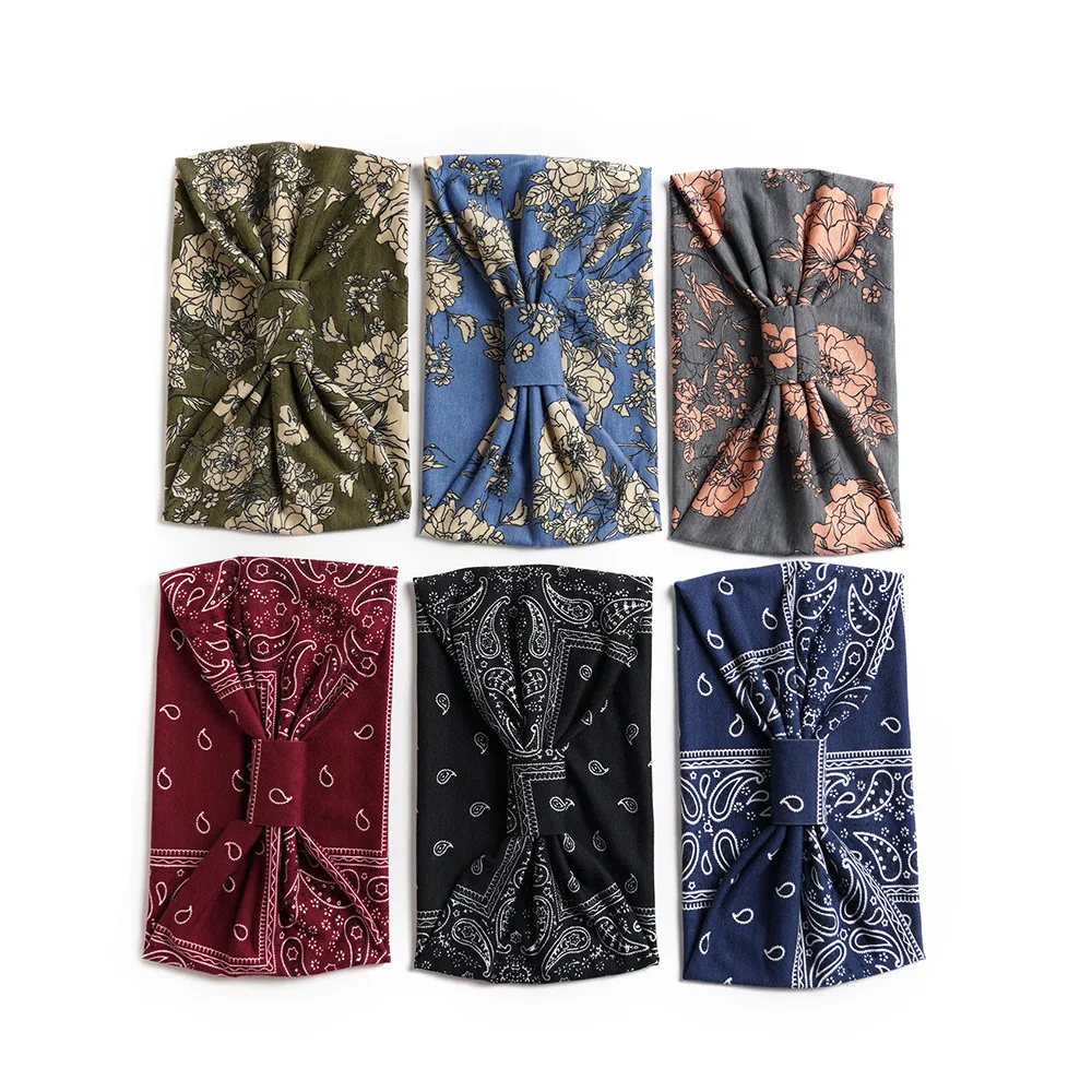 Neue Boho Blumen druck breite Stirnbänder Vintage Knoten elastische Turban Kopf wickel für Frauen Mädchen Baumwolle weiche Bandana Haarschmuck – Detail 3