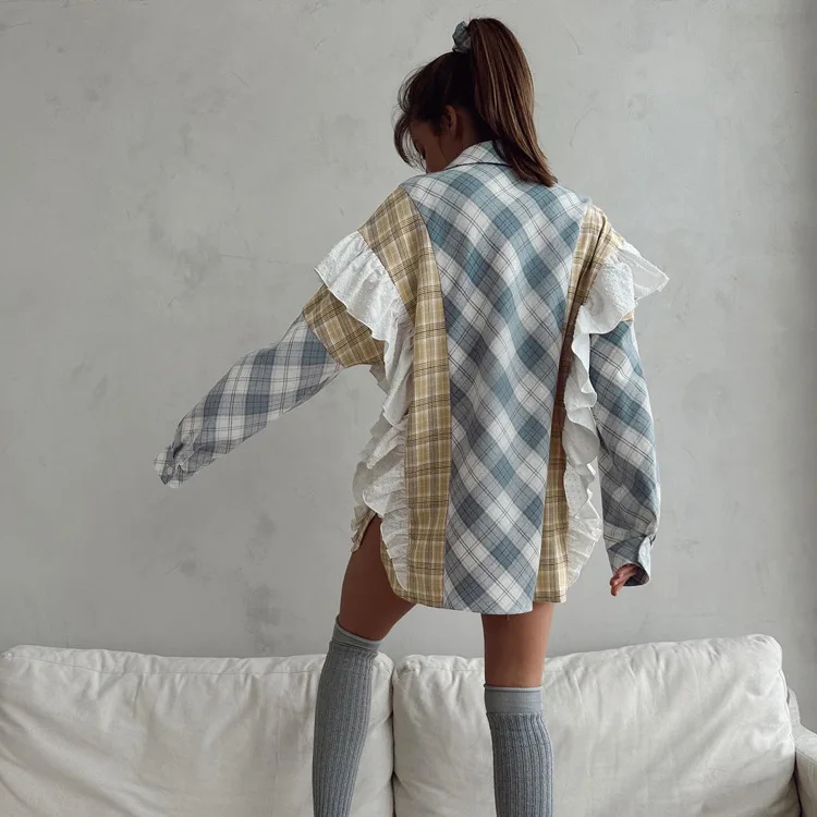 Ruffled Fashion Patchwork Shirts Women's Long Sleeve Lapel Cardigan Striped Contrast Clothes For Women Summer Shirts Coat