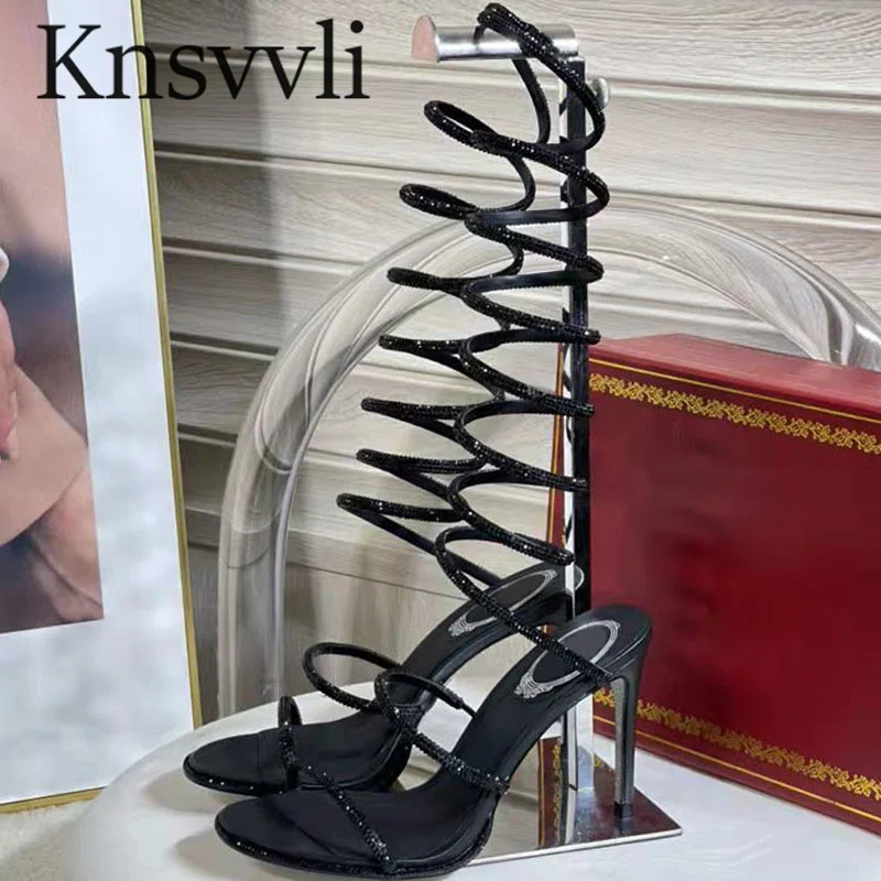

Thin Heels Sandals Women Satin Snakelike Knee Length Pumps Shoes Female Summer Rhinestone Party Wedding Stiletto Sandals Woman