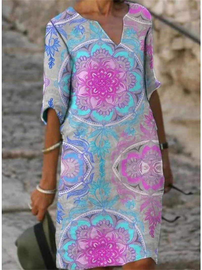 

Женское винтажное платье с длинным рукавом, элегантное платье с художественным принтом и V-образным вырезом, Удобное повседневное платье свободного покроя с поясом, лето 2023