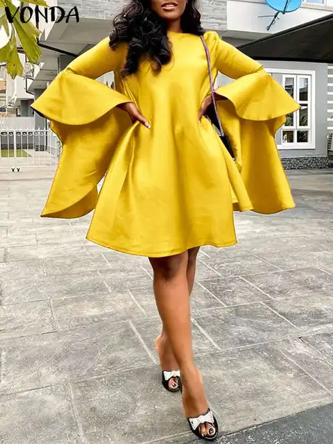 Summer Mini Robe Women Sundress Vonda 2022 Holiday Ruffled Solid Dress  Flare Sleeves Party Short A-line Vestido Oversized - Dresses - AliExpress