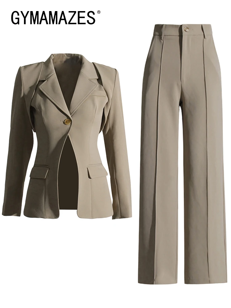 

GYMAMAZES Solid Three Piece Sets For Women Notched Collar Sleeveless Top Long Sleeve Blazer High Waist Pant Slim Set Female 2023