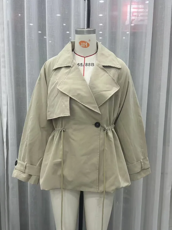 Simple Commute Lady Trench Coat Collar Tie Waist Cinched Button Patchwork Jacket 2026 Fall Chic Korean Office Daily Outerwear