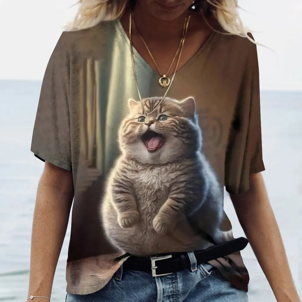 Fashion Women's T-shirt Cat Printed Short Sleeve Female Harajuku Tees Ladies T Shirt Oversized V-neck Tops Animal Women Clothing 6