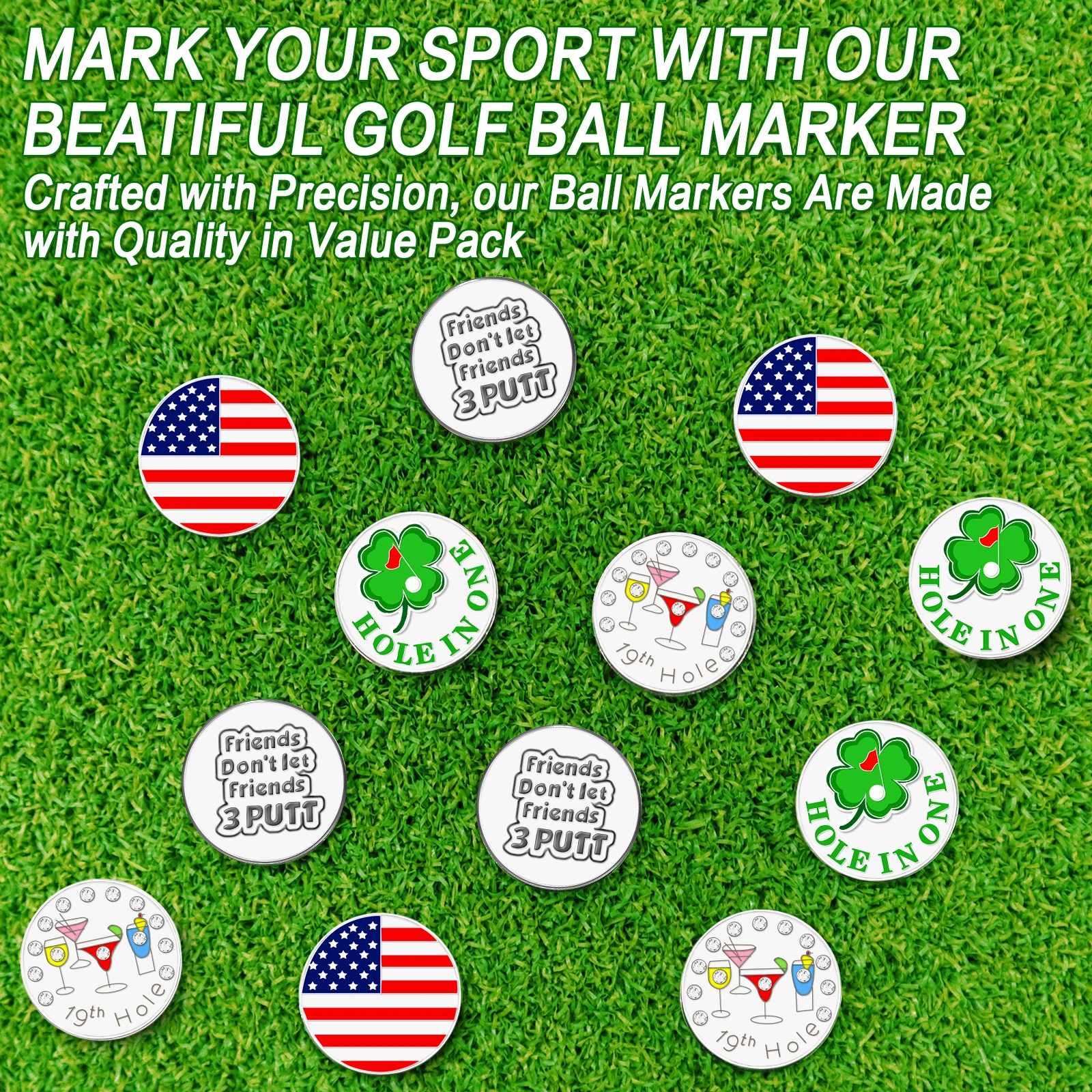 Golf Ball Markers Assorted Patterns Fits All Magnetic Golf Tools Value Set Alloy Soft Enamel Technique 10 Pack