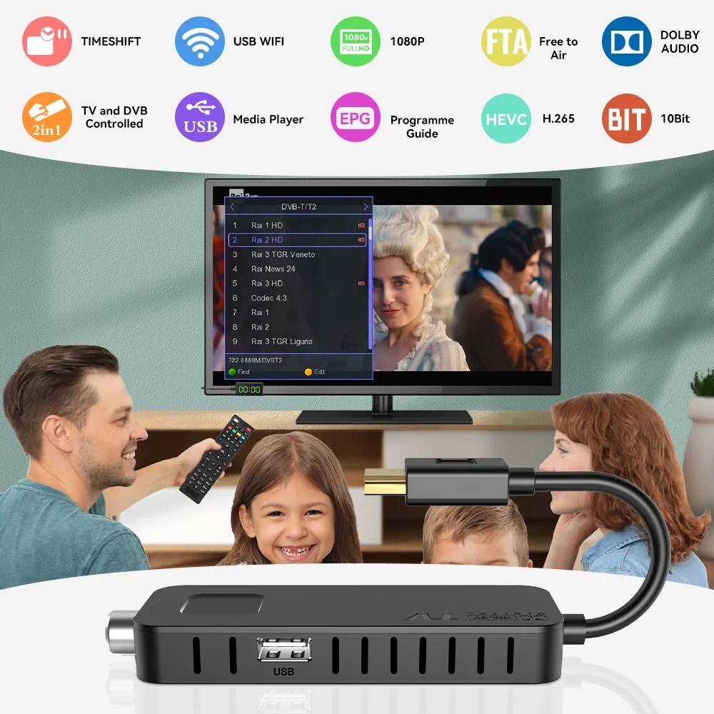 Digital TV Decoder DVB T2 DVB C HEVC H.265 TV Tuner Stick FTA T2 Box Dolby For Italy Poland