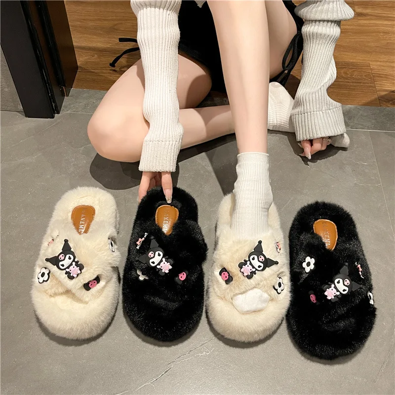 

Anime Kawaii Sanrio Kuromi Cinnamoroll Fashion Cartoon Female Plush Slippers Autumn Winter New All-Match Thick-Soled Slippers