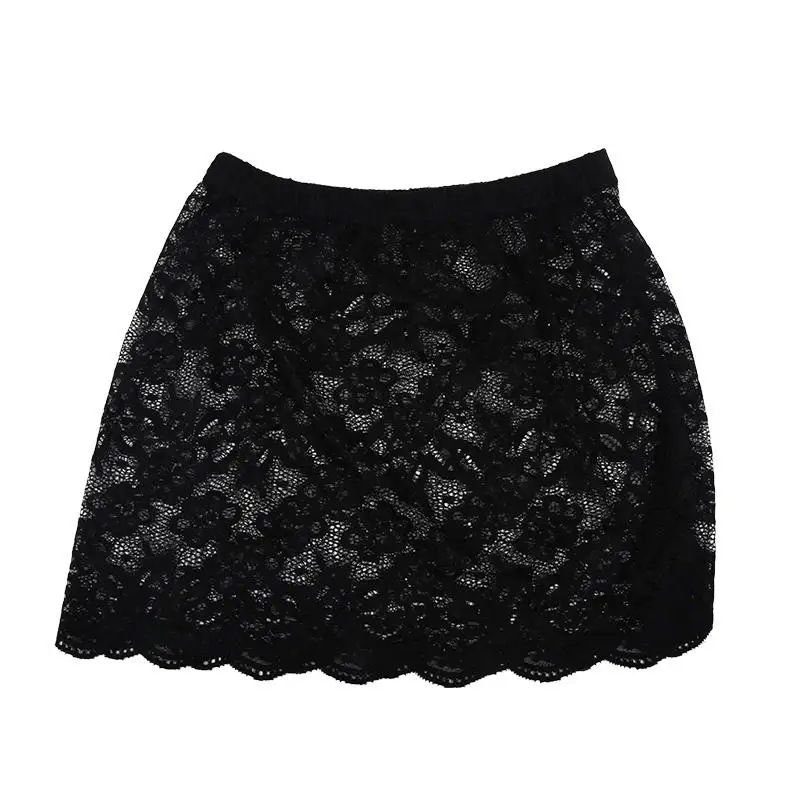 Women Floral Lace Layering Faux Top Mini Skirt Pleated A-Line Flare Fake Hem Shirt Extender Half-Length Underskirt