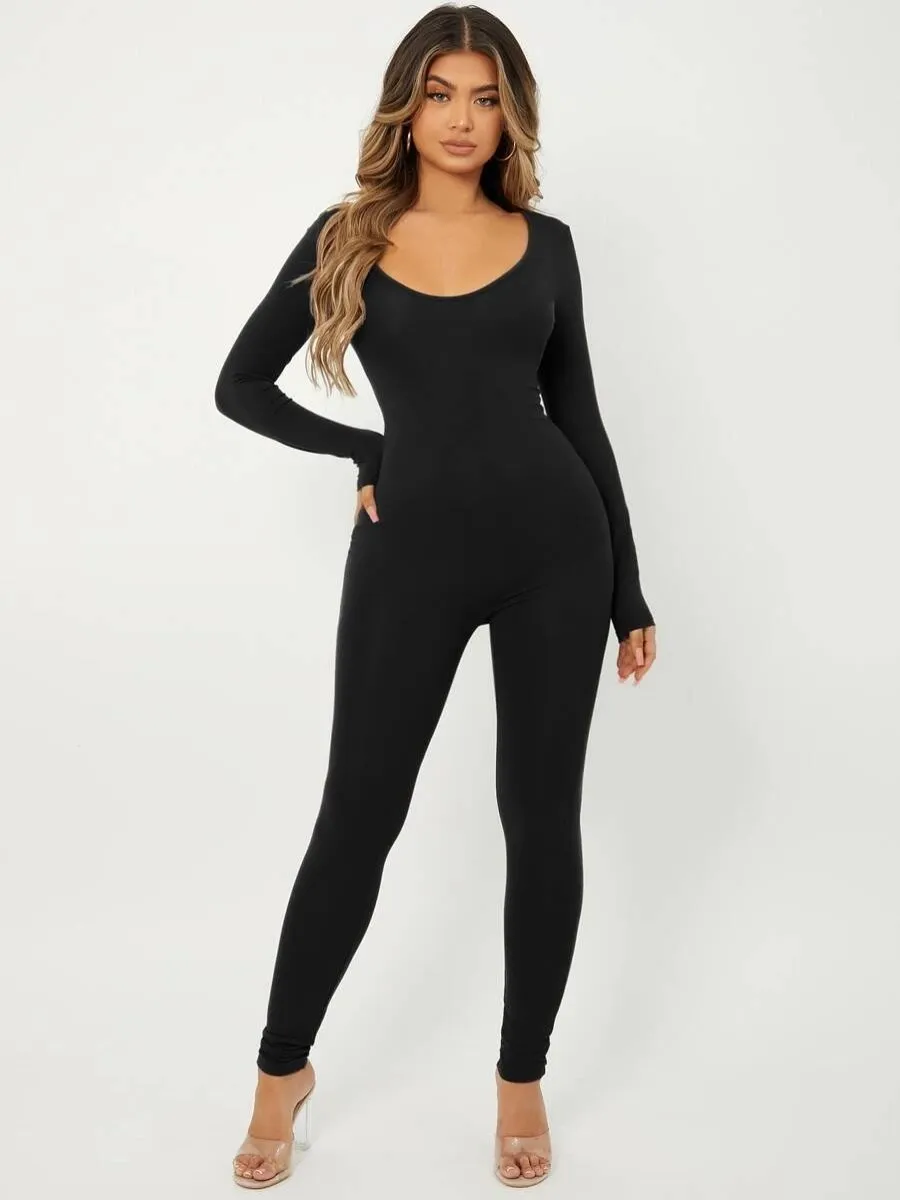 

LW SXY Scoop Neck Unitard Jumpsuit Sheath Body-shaping Casual Stretchy Activewear Sporty Long Sleeve Basic Simple Rompers