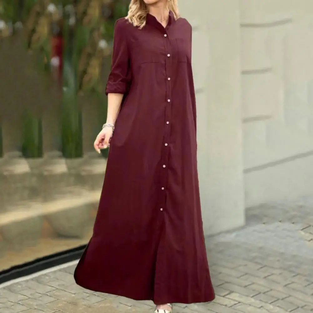 

Shirt Dress Stylish Women's Maxi Dress Elegant Single-breasted Solid Color with Stand Collar Split Hem Soft Breathable for Fall
