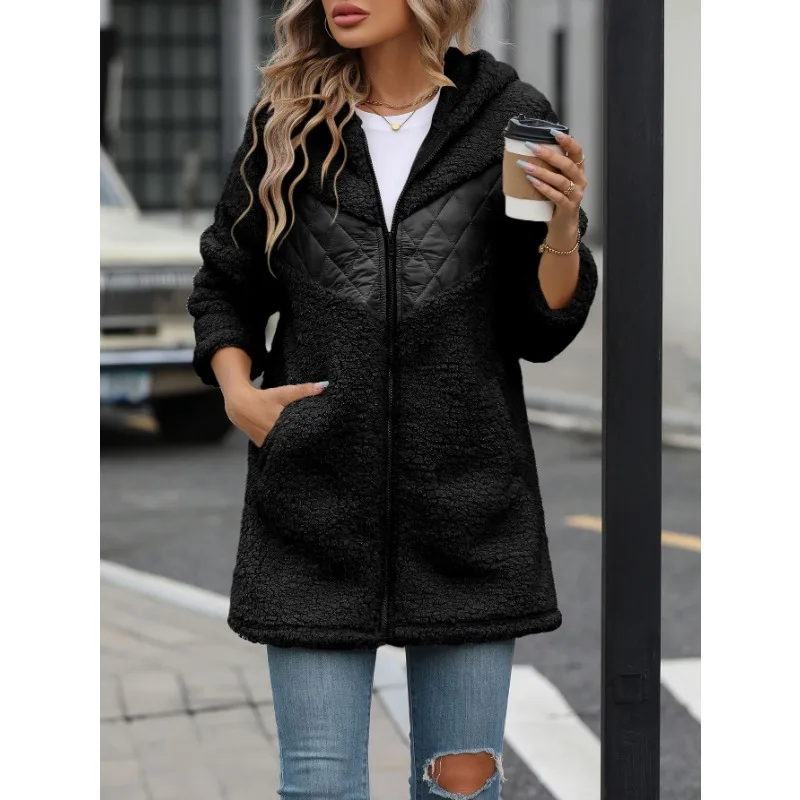 Women Clothing Jacket Casual Fashion Autumn and Winter Cardigan Hooded Mid Long Zipper Loose Plush Jacket for Women 2024 New