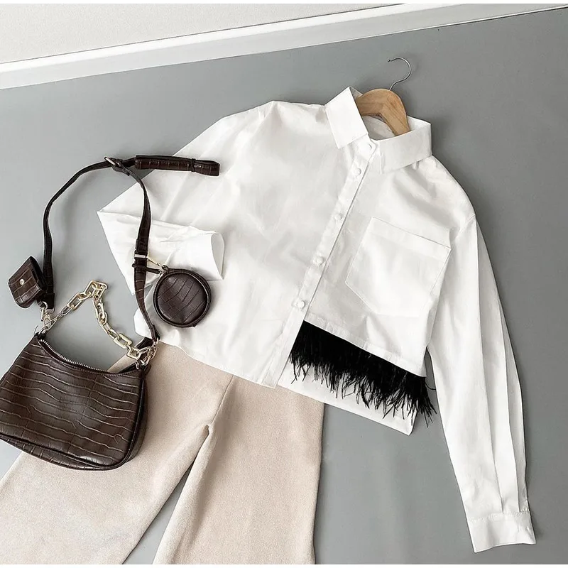 Women Style Solid White Shirts With Feather Office Lady Chic Long Sleeve Single Pocket Shirts Female Simple Laple Button Shirt