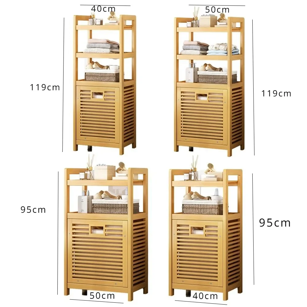 Laundry Hamper with Shelf 3/4 Tier Wooden Storage Hamper Multi-function With Tilt Out Basket Bathroom Rack Bamboo Laundry Basket