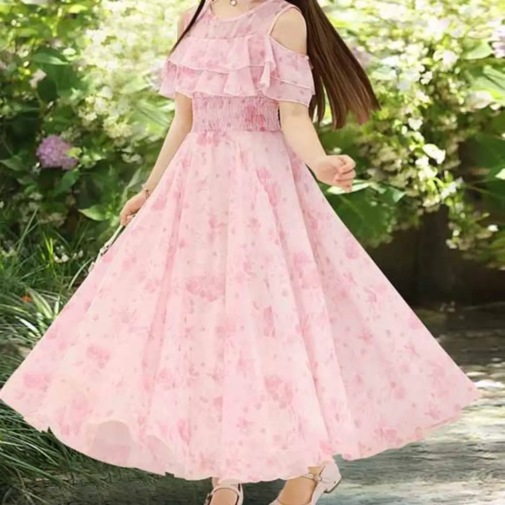 Elegant Loose Girls Chiffon Floral Dress Pleated Teenagers Summer Dresses Party Beach Vacation Children Princess Dress Beach