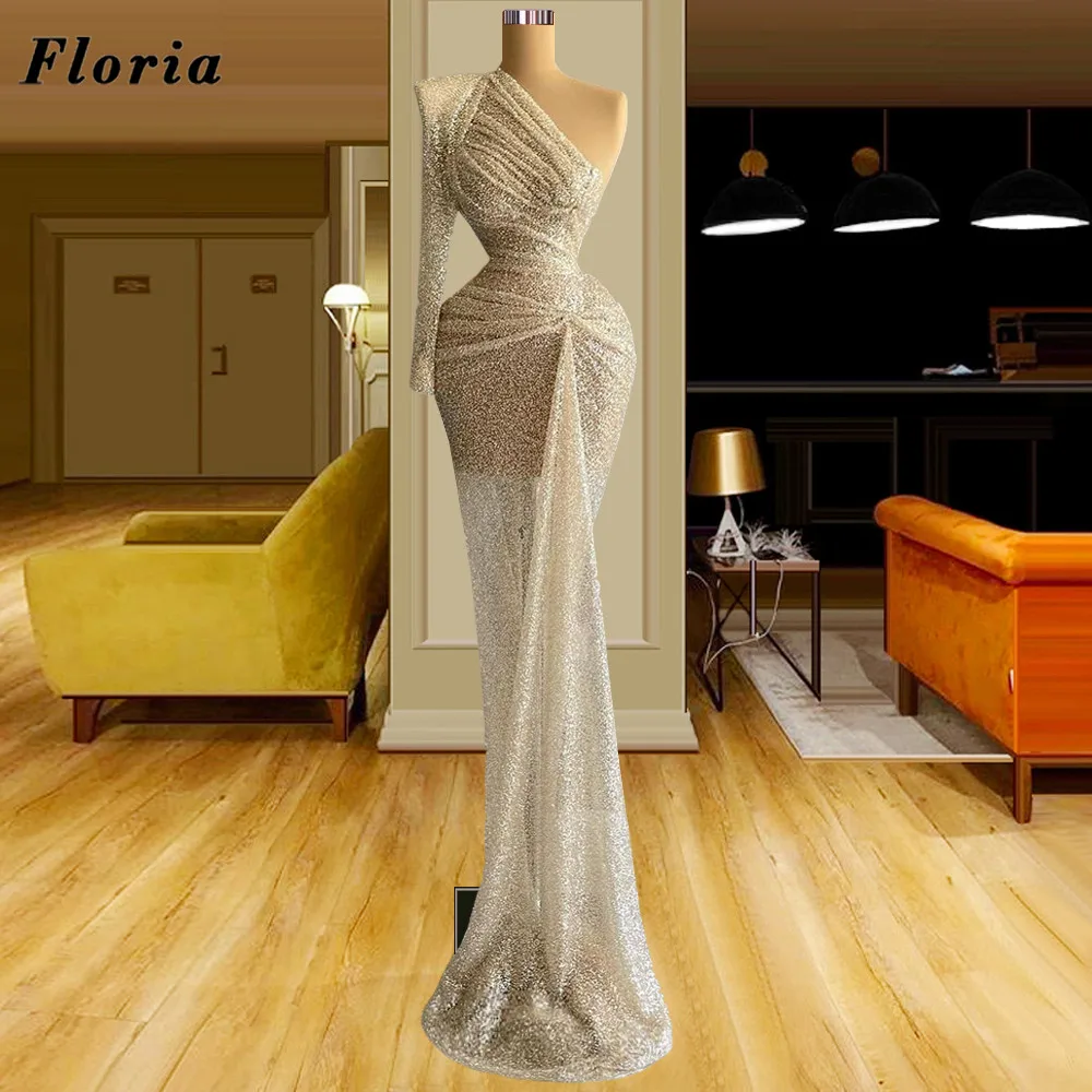 

New Fashion Tiered Evening Dresses Dubai One Shoulder Beads Prom Dress Arabic Wedding Party Dress For Women 2022 Robes De Soiree
