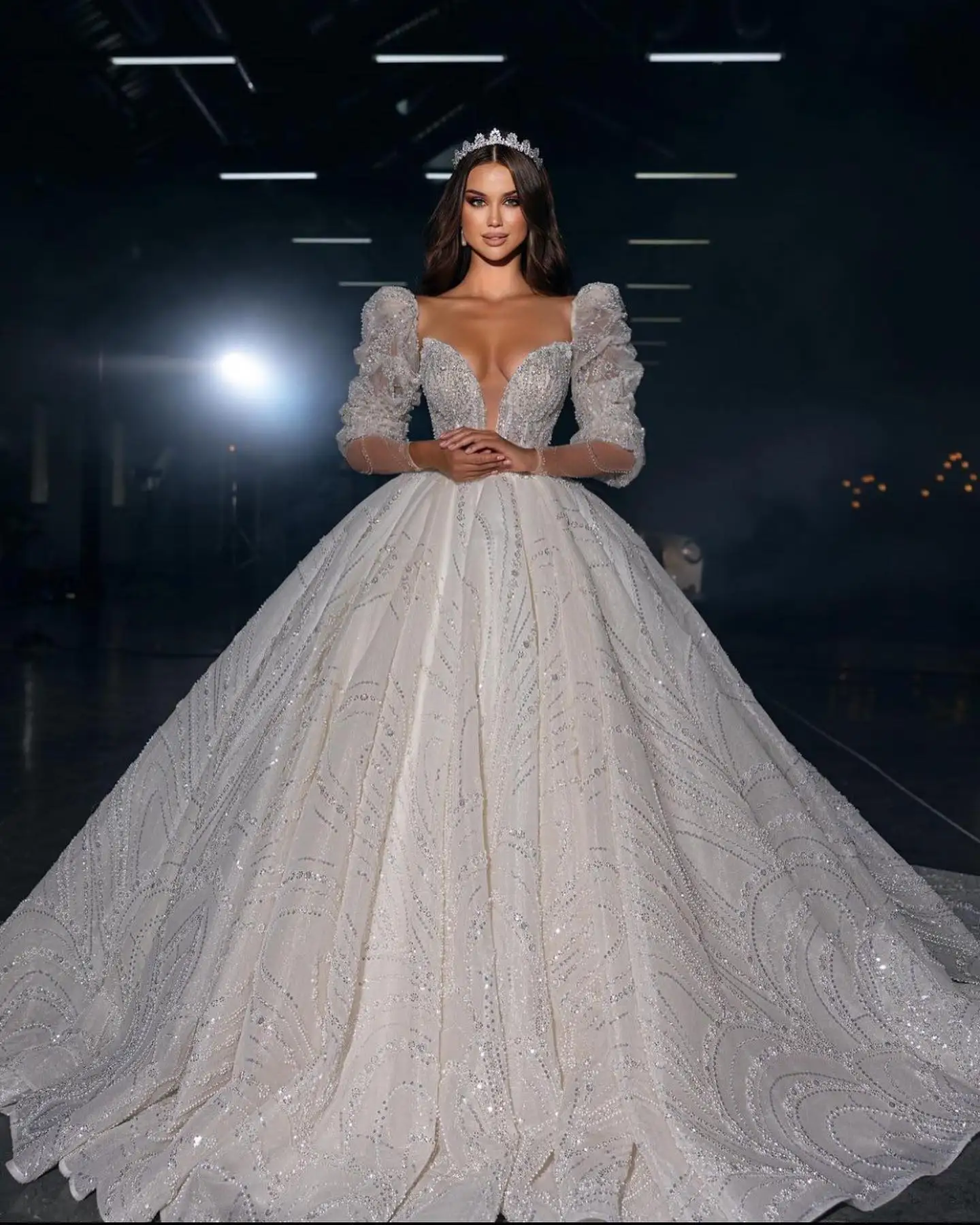 Amazon.com: Long Sleeves Lace up Corset A-Line Wedding Dresses for Bride  Plus Size with Train Sequins Bridal Ball Gowns Ivory : Clothing, Shoes &  Jewelry