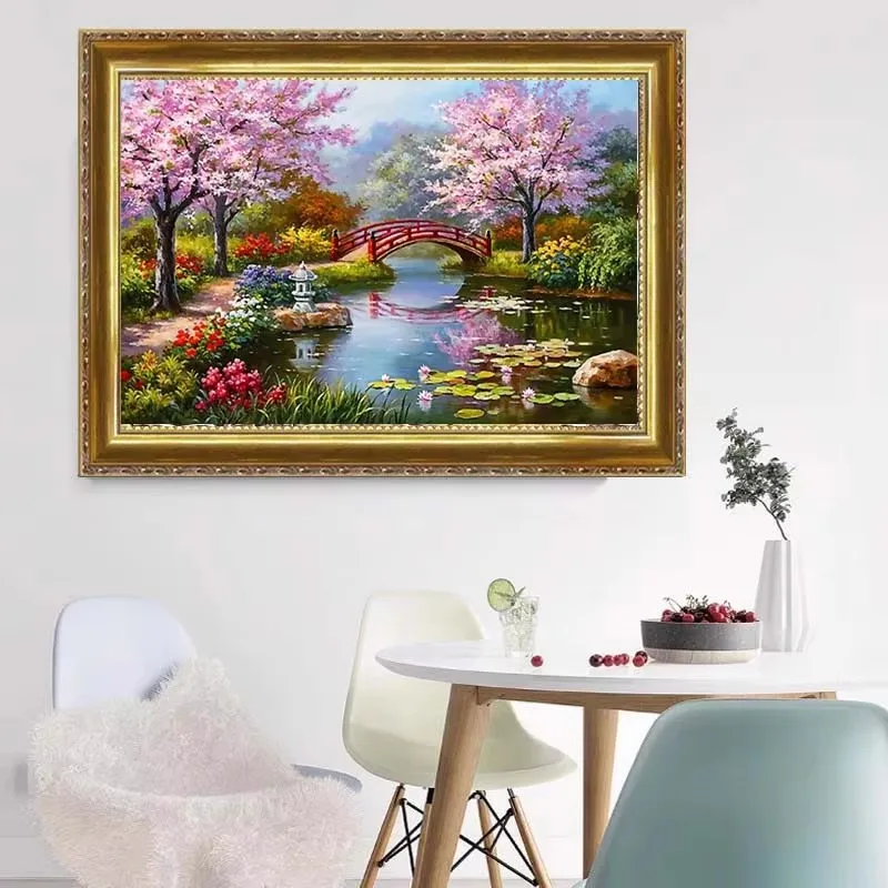 Landscape Cross Stitch Kits Cartoon Houses Stream Cherry Tree Dream Home Decor Painting Embroidery Set DMC Printed Canvas Gift