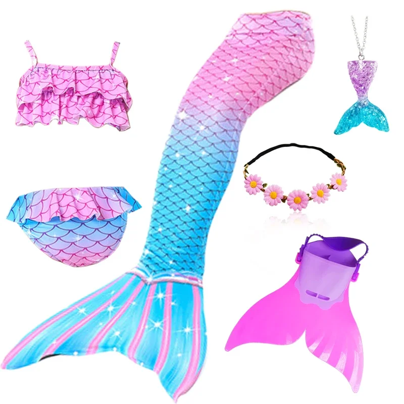Kids Girls Swimming Mermaid Tail Costume Cosplay with Monofin Princess Dress Swimsuit Bikini Bathing Suit for Swim