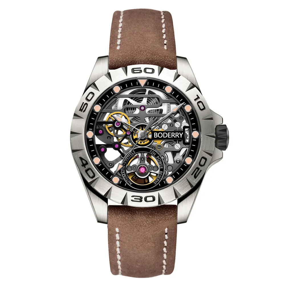 Boderry Urban Men's Titanium Watches Top Brand Fashion Skeleton Automatic Mechanical Waterproof Watch Hi-beat 72H Power-reserve 4
