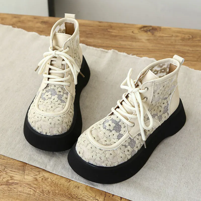

Women Breathable Lace Transparent Black Beige Cute Thick Bottom Platform Boots