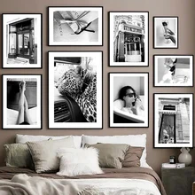 

Black White Luxury Shop Woman Car Leopard Cup Wall Art Canvas Painting Nordic Posters And Prints Wall Pictures Living Room Decor