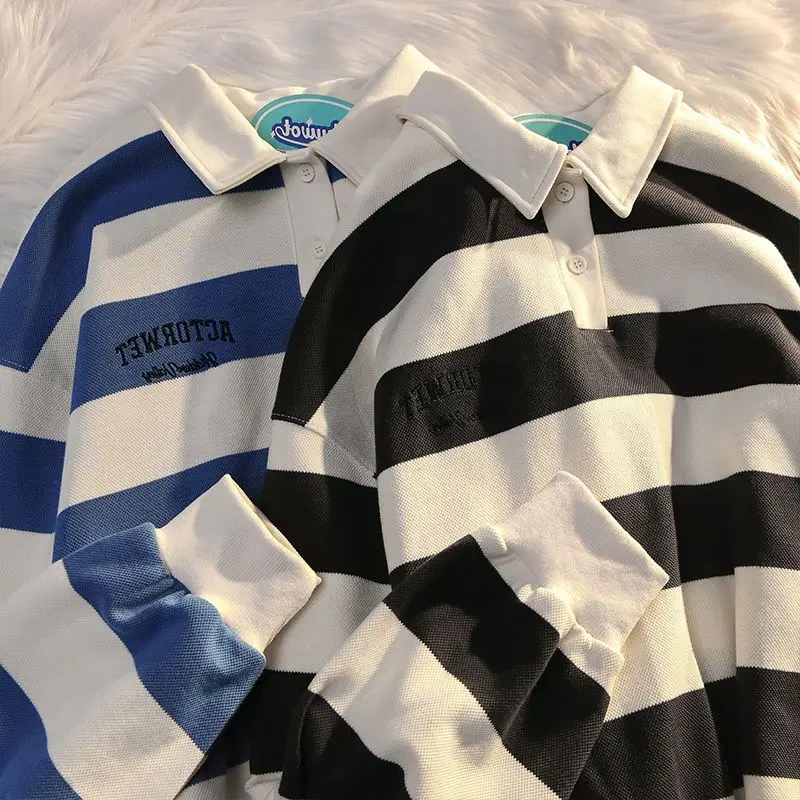 Polo da uomo di grandi dimensioni retrò a righe a contrasto di colore colletto polo maglione da uomo autunno cappotto allentato maniche lunghe bottoni top - immagine 4