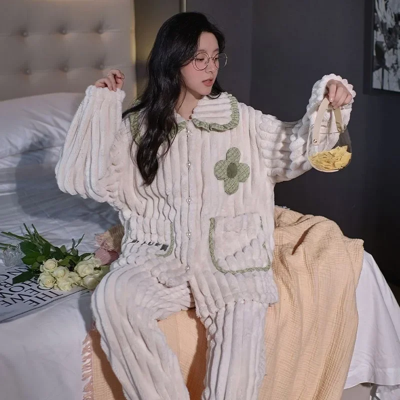 2024 New High-end Winter Pajamas Women Thick Flannel Sleepwear Student Cute Homewear Warm Plush Coral Velvet Loungewear Set