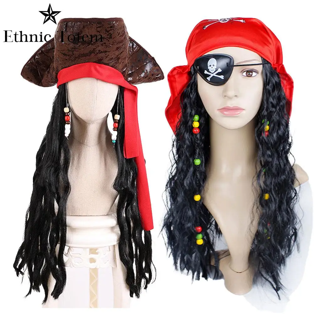 Cosplay Hat Captain Pirate Brown Hat Wig for Adult Jack Sparrow Faux Leather Hats with Hair Halloween Cosplay Costume Props Accessories