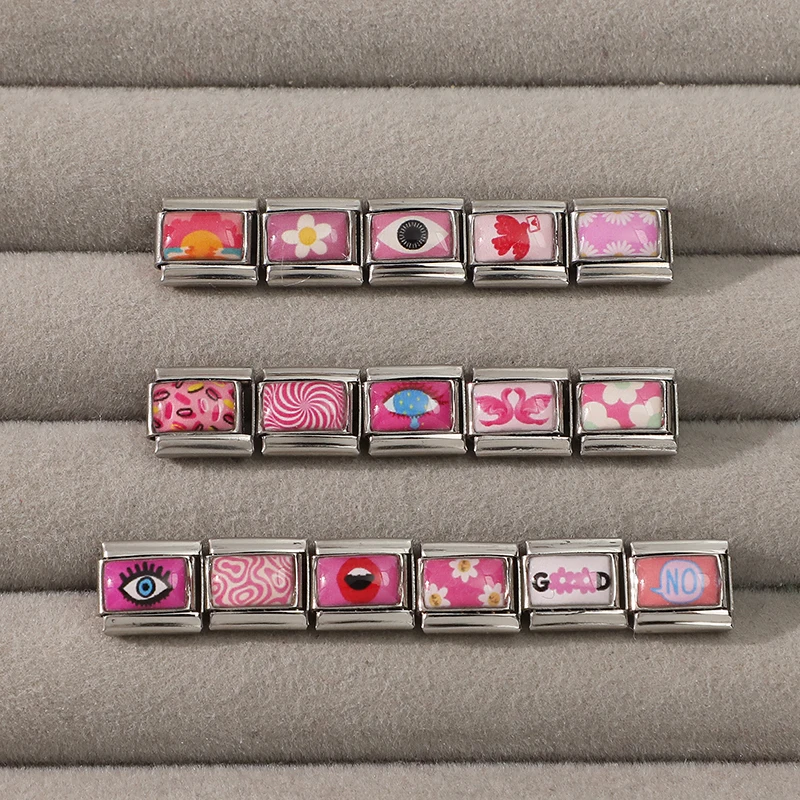 Pink Fashion Series 9mm Stainless Steel Charm Link Bracelet