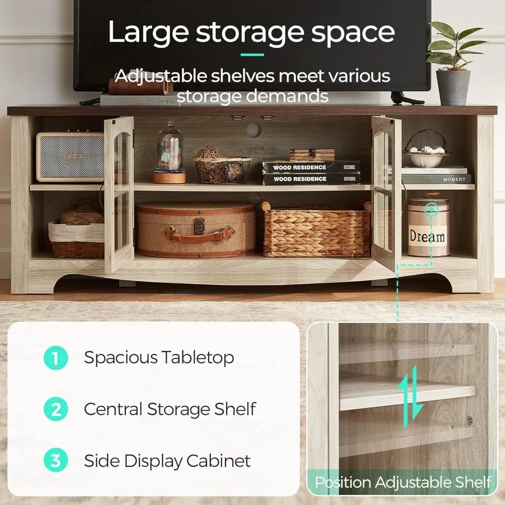 New2025-Farmhouse TV Stand for 65 Inch TV, Wood Entertainment Center with Glass Door Storage Cabinet & Adjustable Shelves, Large