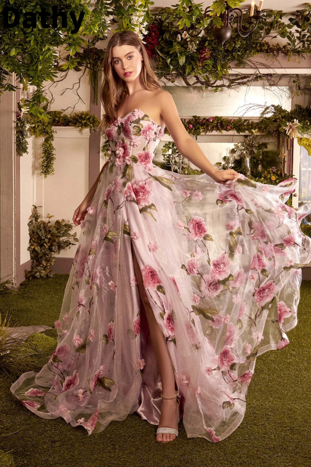 

Dathy Sweetheart Red Print Strapless Prom Dress A Line Open Back High Split Hot Flower Sexy Dress فساتين السهرة Party Dresses