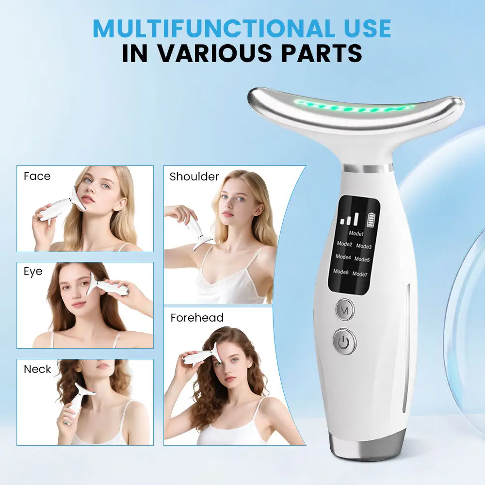 7 in 1 LED Photon Face Neck Massager Microcurrent Facial Beauty Device Skin Care Tool Lifting Tightening Sagging Skin