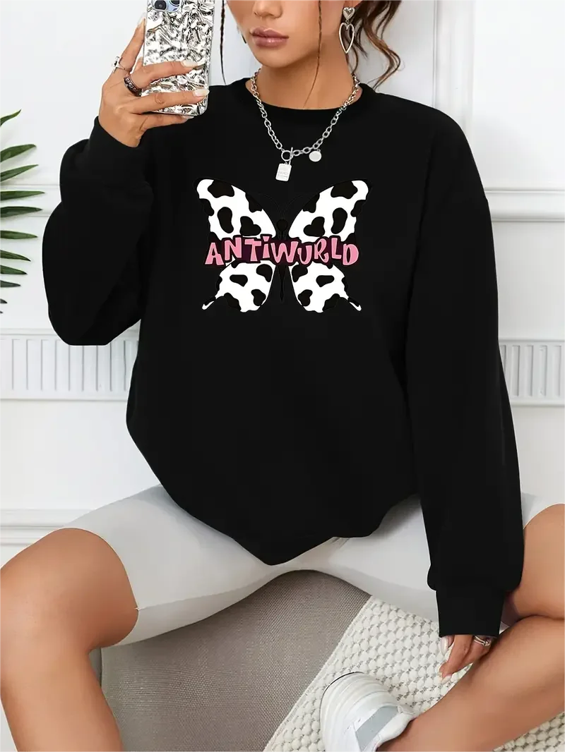Butterfly Print Casual Loose Fashion Long-Sleeved Pullover Solid Color Women's Sweatshirts