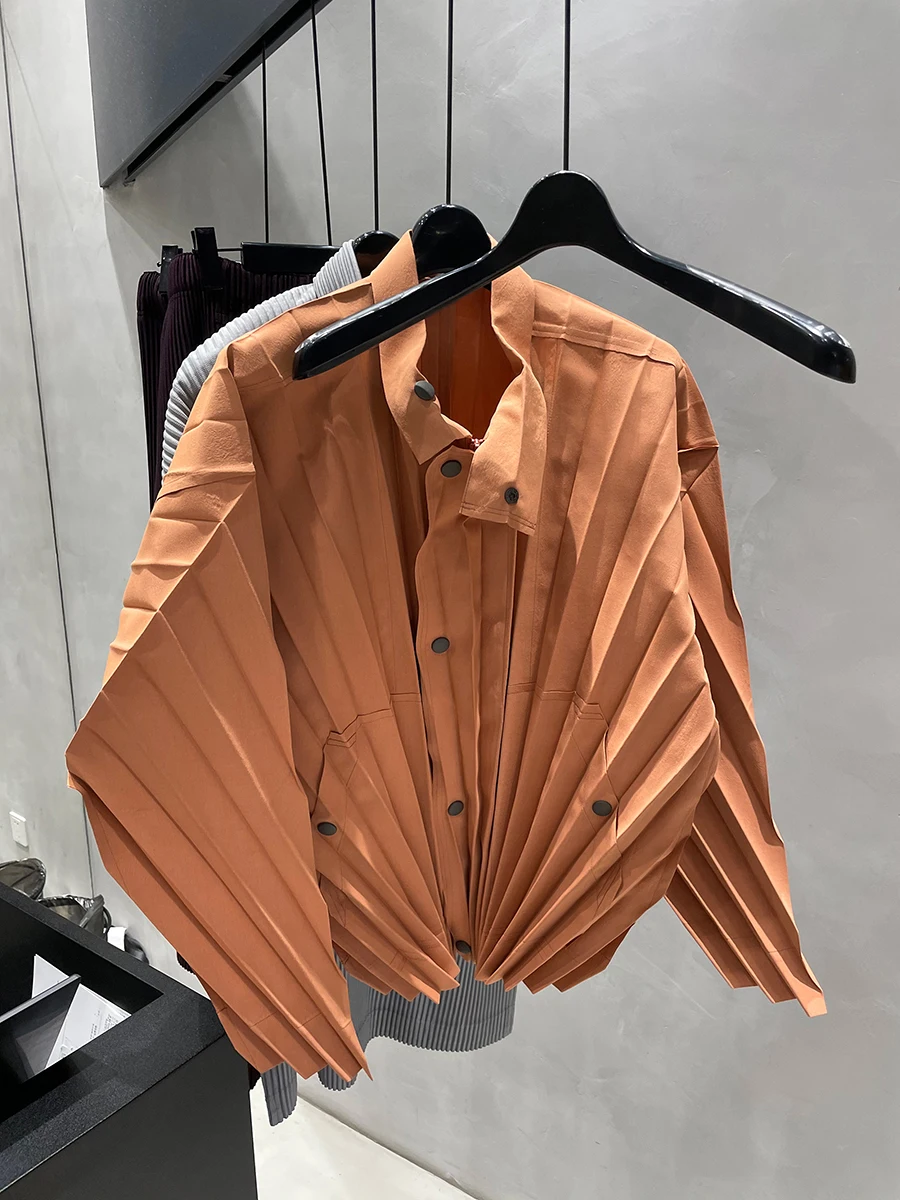 Miyake Pleated Men's Clothes Designer Style Zipper Button Pleated Stand Collar Jacket 6