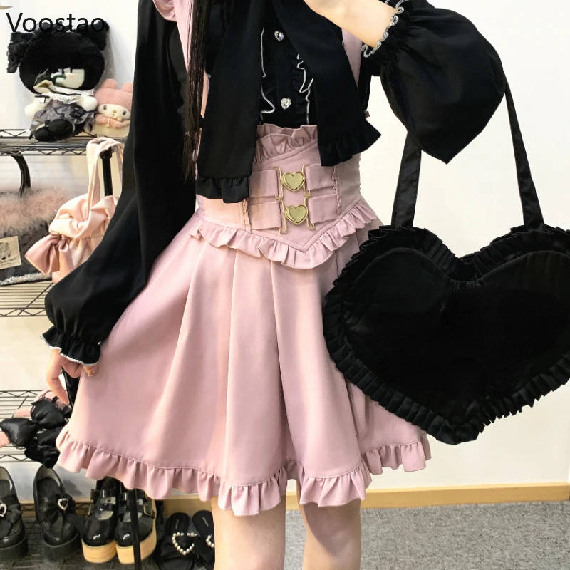 

Japanese Gothic Lolita Mini Skirt Girls Sweet Cute Ruffles Love Hearts Button Harajuku Y2k Women Casual A-Line Suspender Skirts